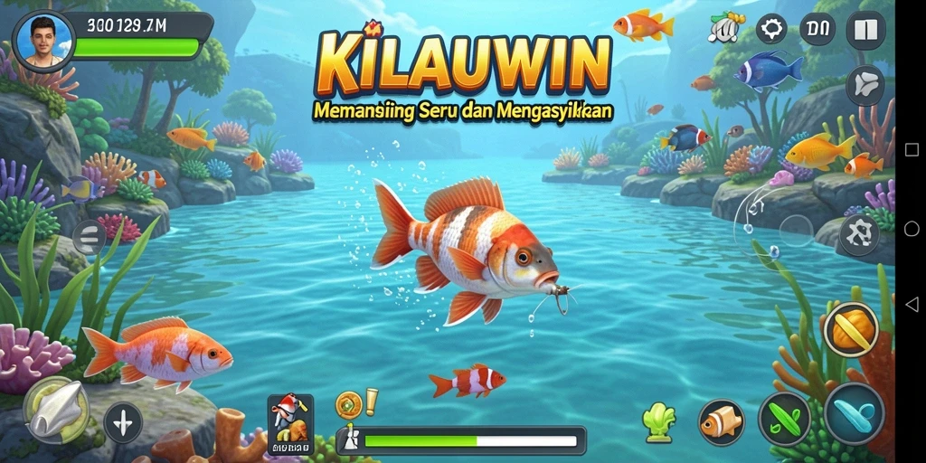 Screenshot gameplay KILAUWIN dengan ikan besar yang ditangkap.