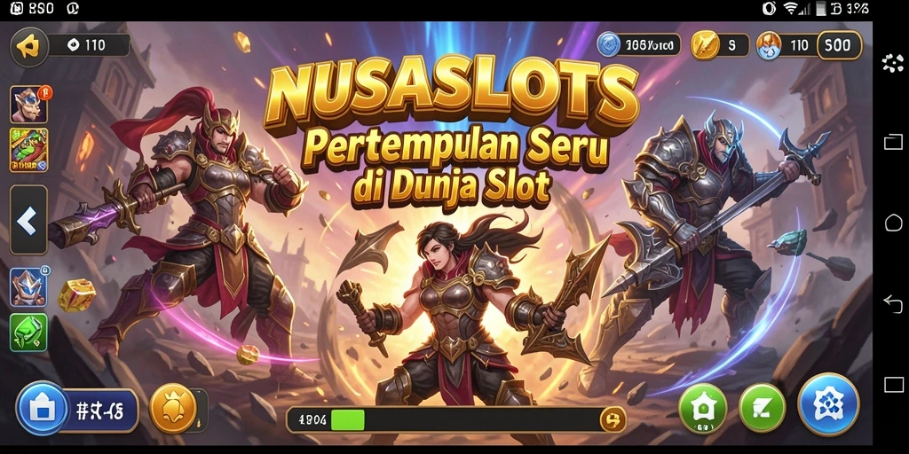 Tampilan gameplay NUSASLOTS dengan pertempuran dan slot.