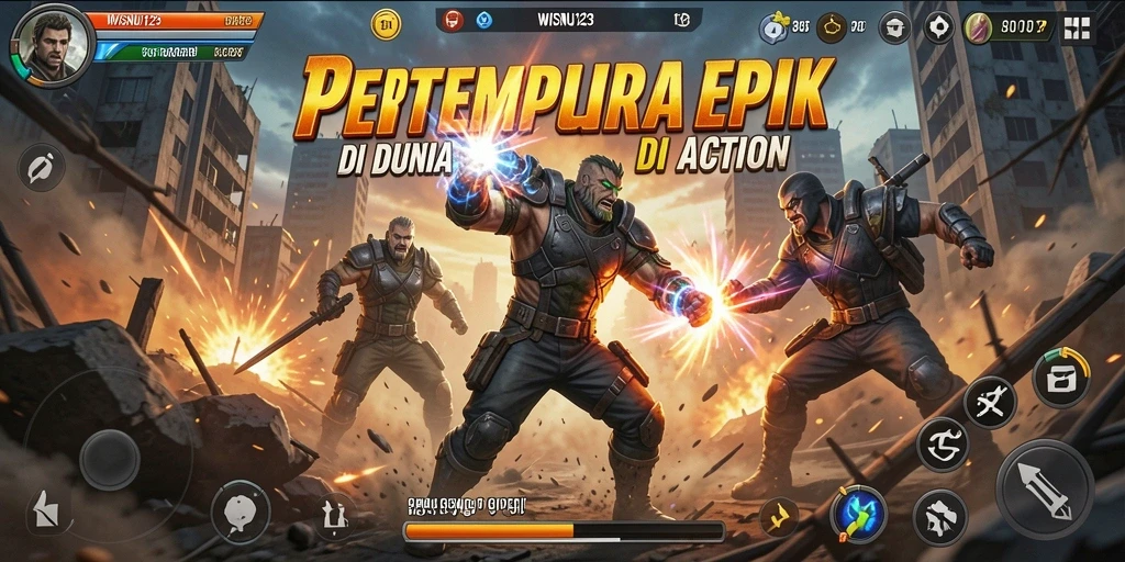 Screenshot utama WISNU123 menampilkan pertarungan seru dengan musuh yang kuat.